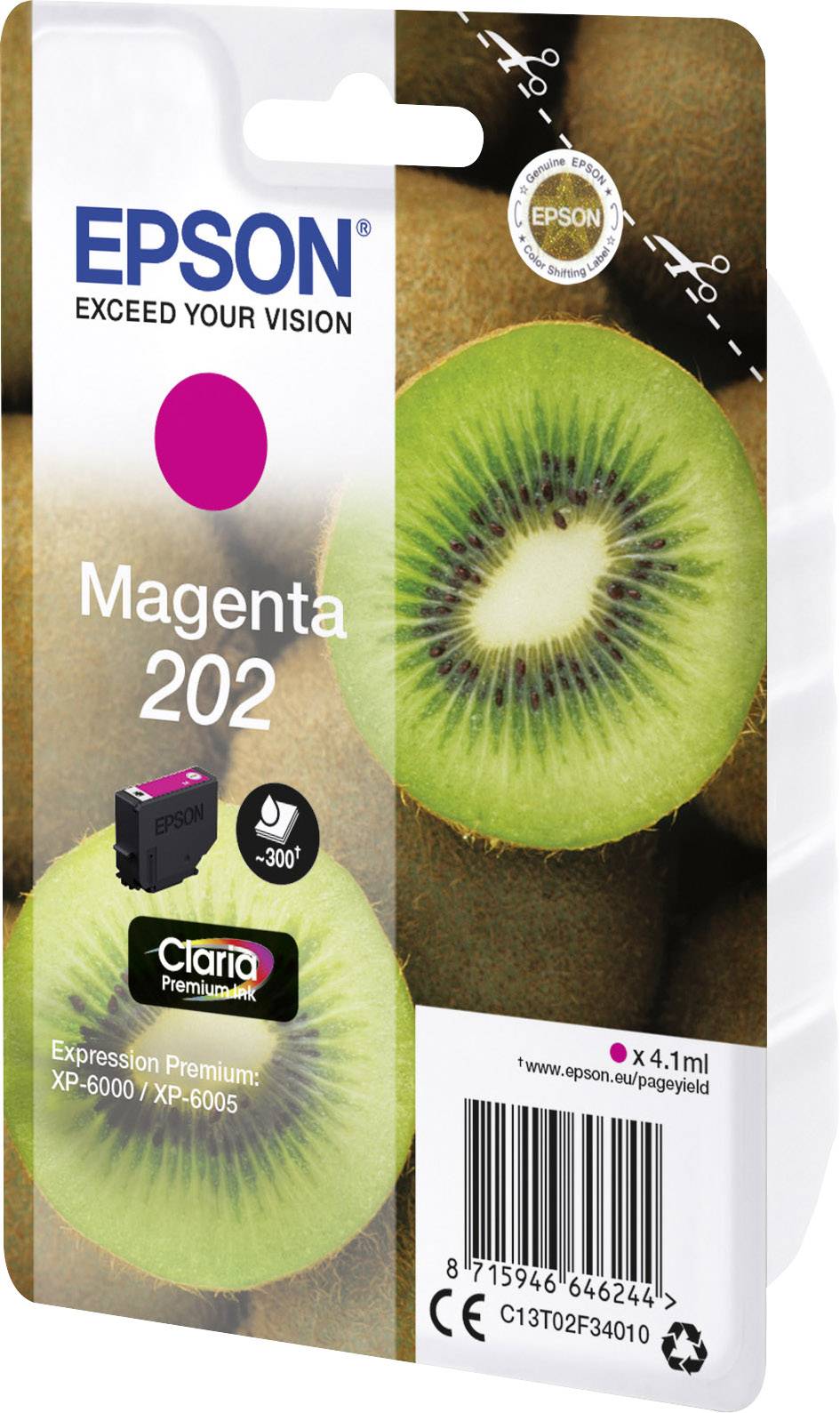 Die Verpackung eines Epson Magenta Tintenpatronenmodells 202 zeigt eine Kiwi und das kompatible Druckermodell XP-6000/XP-605.