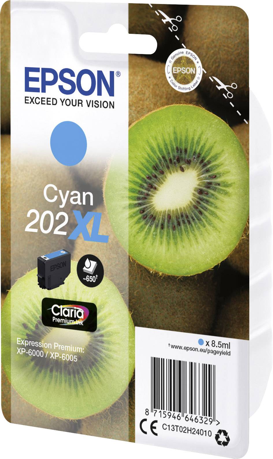 Verpackung einer Epson-Druckerpatrone in Cyan, Modell 202XL. Zeigt eine Kiwi und ist kompatibel mit Expression Premium XP-6000/XP-6005.