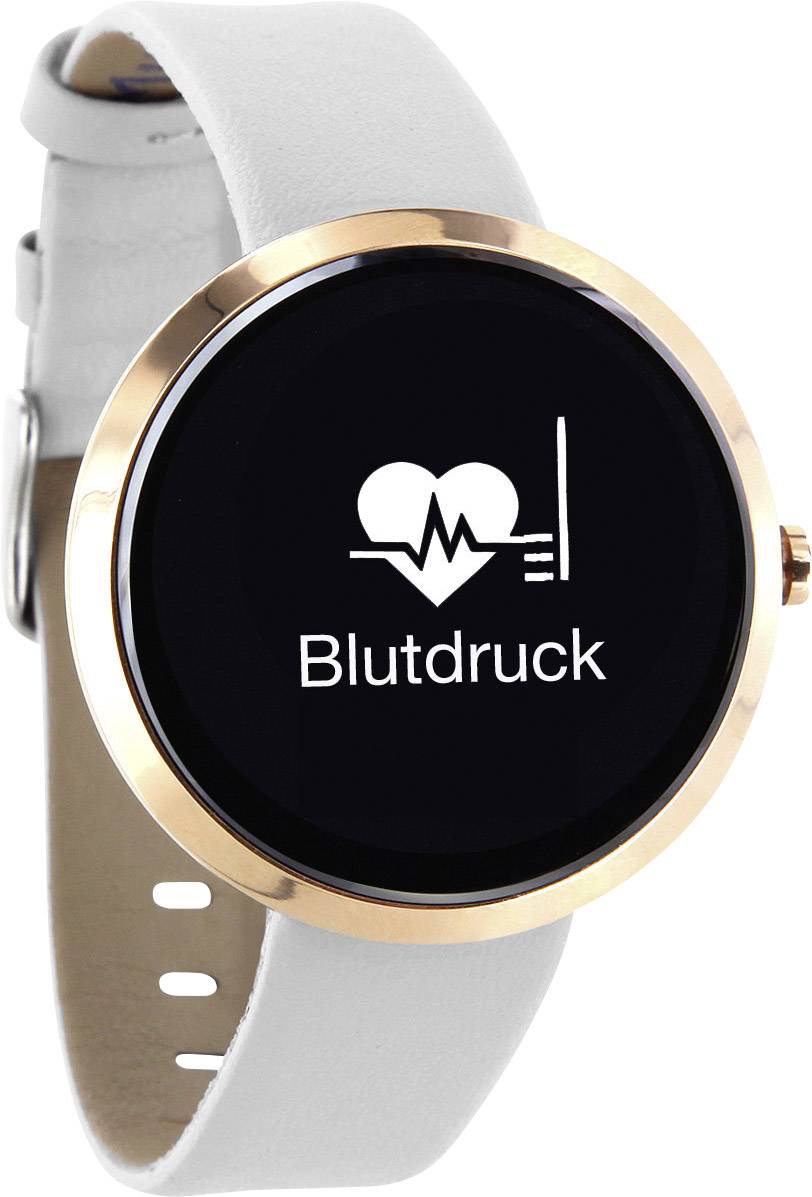 Smartwatch mit weißem Armband zeigt ein Herzsymbol und das Wort 'Blutdruck' auf dem Display, symbolisiert Gesundheitsüberwachung.