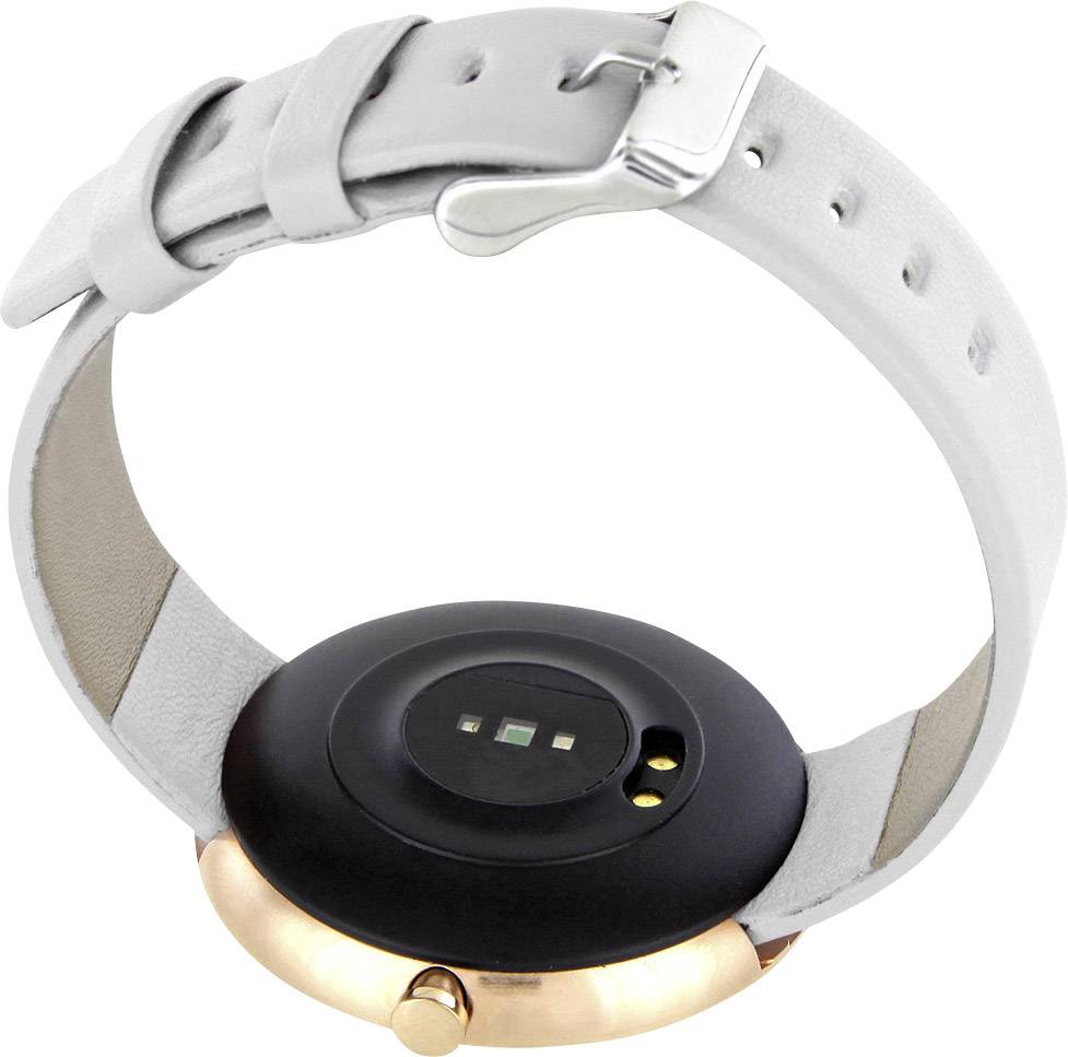 Smartwatch-Rückseite mit Herzfrequenzsensor und weißem Armband, zeigt Ladekontakte und Sensor.