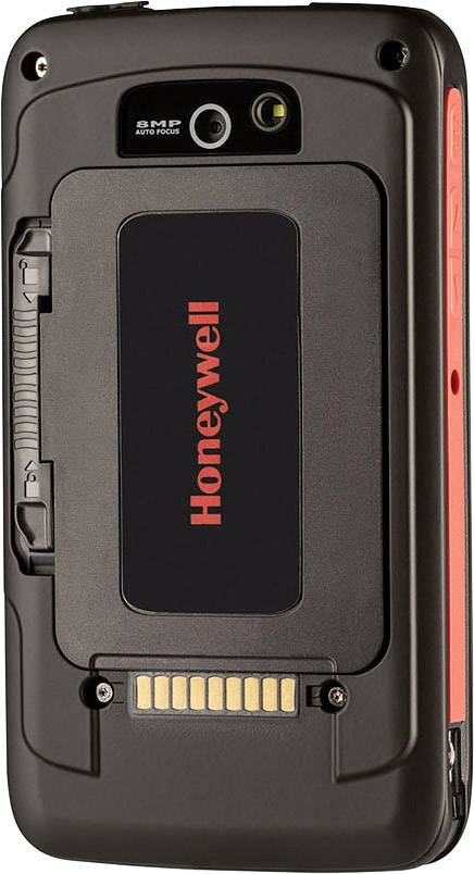 Ein Handscanner von Honeywell in schwarz, zeigt die Rückseite mit Kameralinse und Logo. Einfache, robuste Bauweise für industrielle Nutzung.