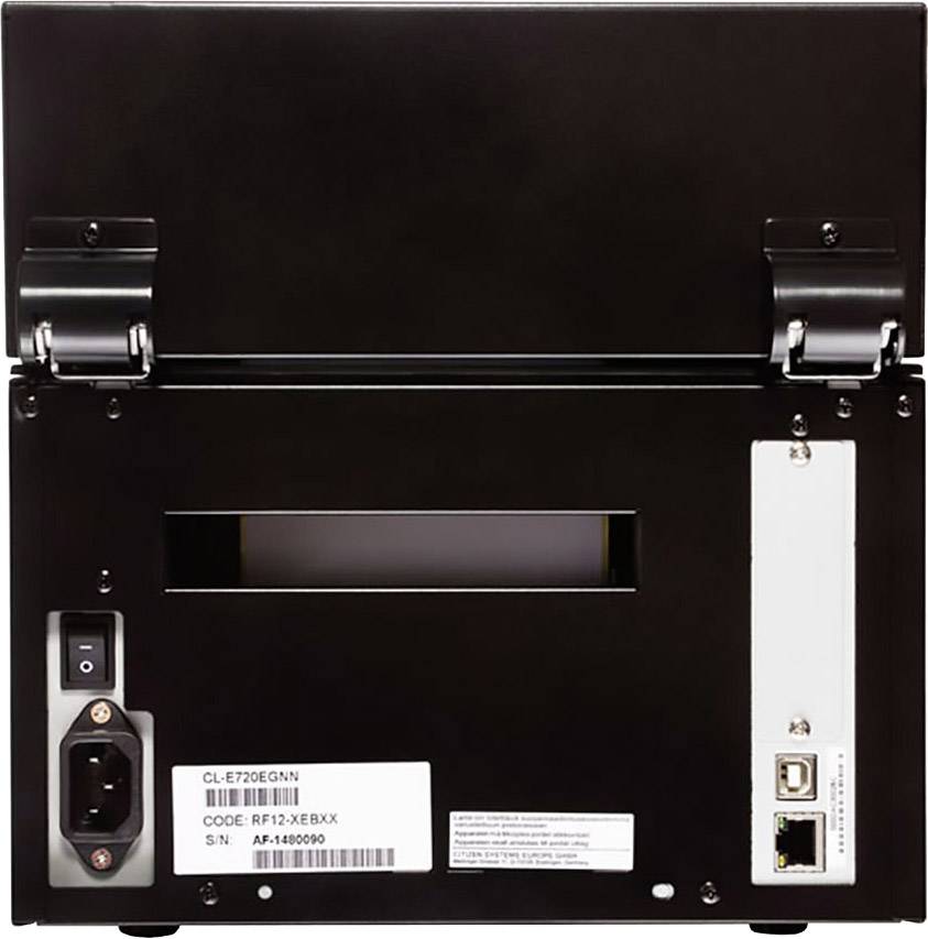Die Rückseite eines elektronischen Geräts mit Netzschalter, Stromanschluss, USB-Anschluss und Ethernet-Anschluss sowie einem Etikett mit Seriennummer.