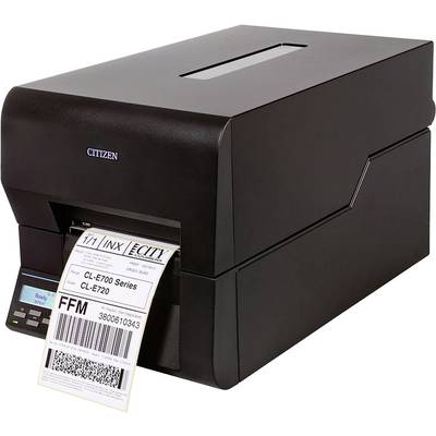'Drucker druckt Etikett mit Barcode und Text "CL-E720 Series" und "FFM".'