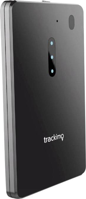 Ein schwarzes, rechteckiges Ortungsgerät mit Aufschrift 'trackimo', einer Kamera und zwei Sensoren auf der Rückseite.