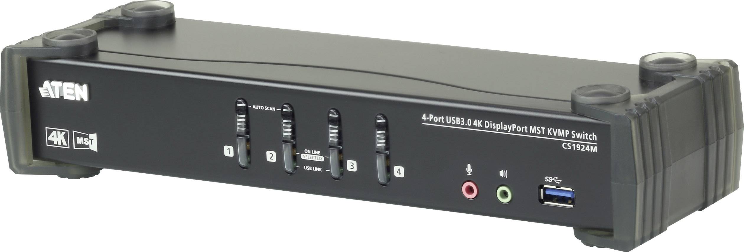 Ein 4-Port-USB 4K DisplayPort MST KVMP Switch, Modell CS1924M, mit Anschlüssen für Video, Audio und USB-Geräte.