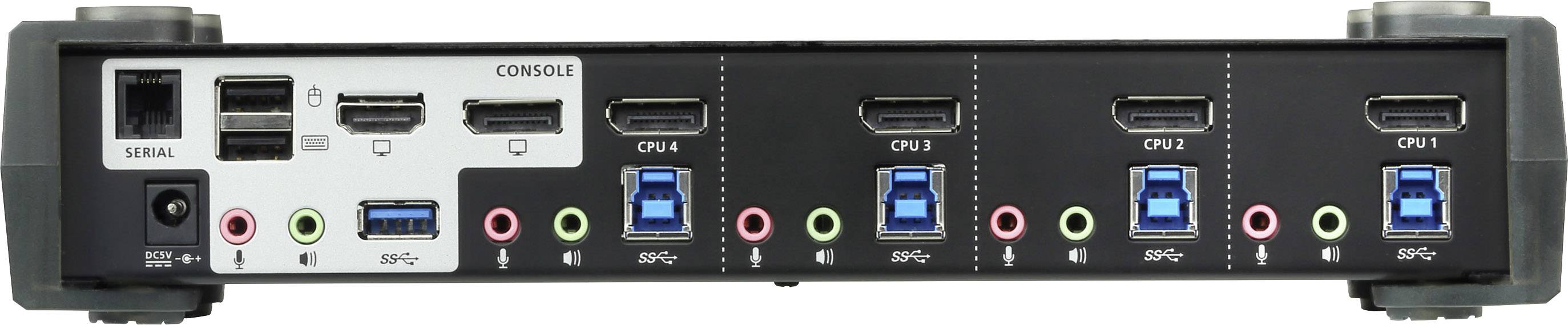 Rückseite eines KVM-Switches mit Anschlüssen: Netzwerkports, USB, HDMI, Audioanschlüsse. Gerät zur Verwaltung mehrerer Computer.