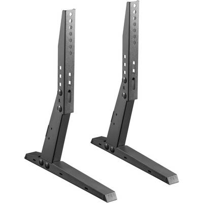 Zwei schwarze, verstellbare Metallständer, die vermutlich zur Unterstützung von Monitoren oder Fernsehern dienen.