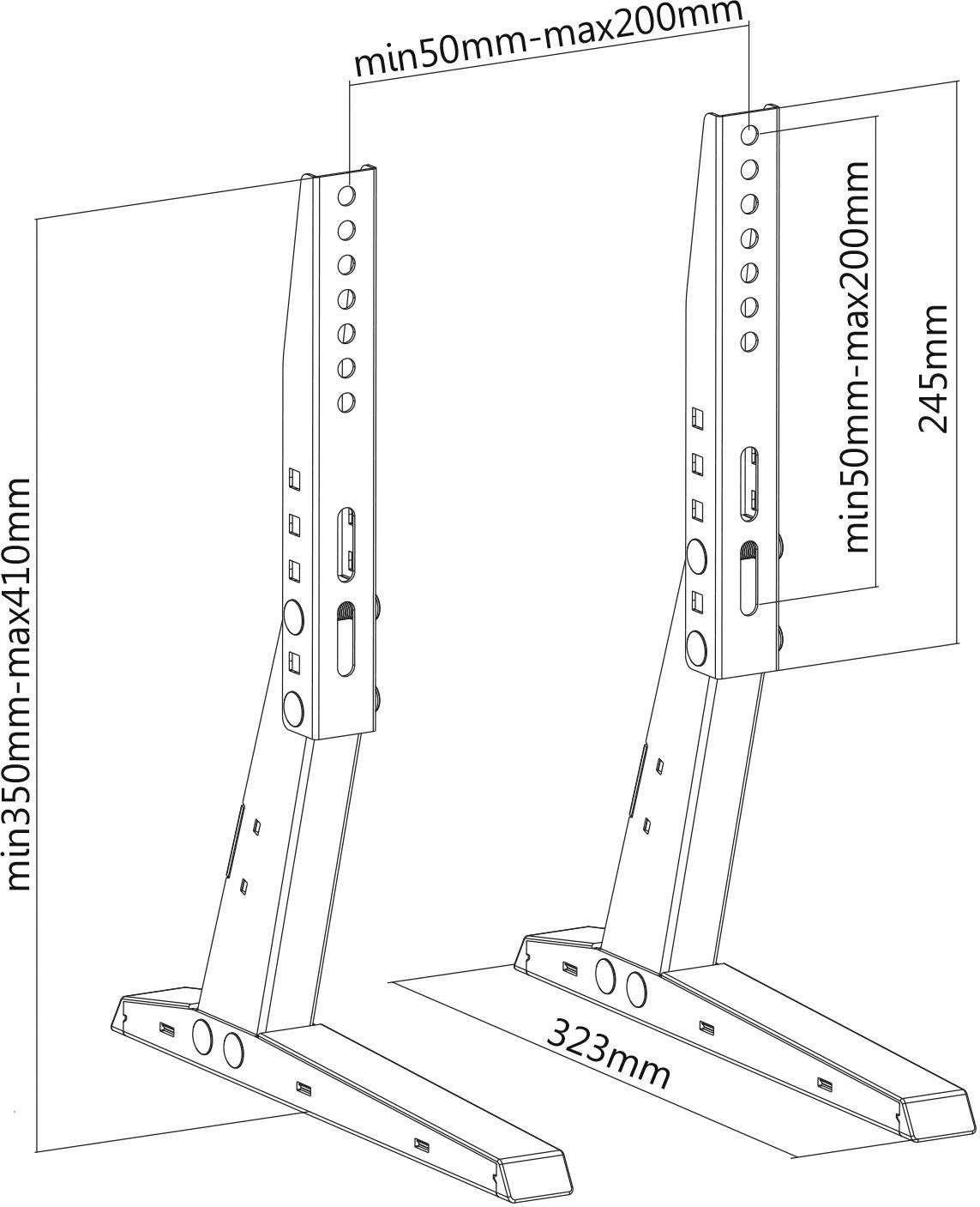 Abbildung von zwei verstellbaren Halterungen mit Maßangaben: Höhe 350-410mm, Breite 323mm, einstellbare Tiefe 50-200mm.
