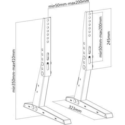 Abbildung von zwei verstellbaren Halterungen mit Maßangaben: Höhe 350-410mm, Breite 323mm, einstellbare Tiefe 50-200mm.
