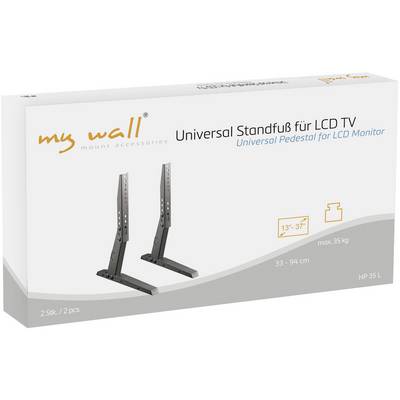 Verpackung eines Universal-Standfußes für LCD TVs, geeignet für 33-94 cm Bildschirmdiagonale, max. 35 kg, 2 Stück enthalten.
