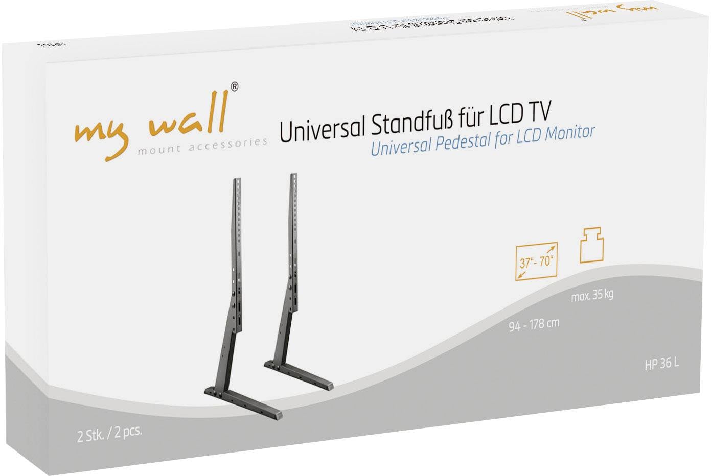 Verpackung eines universellen Standfußes für LCD-TV, passend für Bildschirme von 37"-70", maximale Belastung 35 kg.