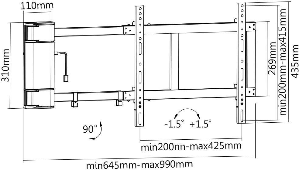 Gefederter Schwenkarm. Maße: Höhe 310mm, Tiefe 110mm. Breite variabel: min. 645mm bis max. 990mm. Neigung +/- 1.5 Grad.