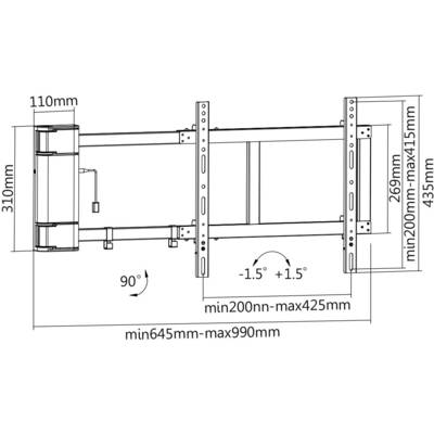 Gefederter Schwenkarm. Maße: Höhe 310mm, Tiefe 110mm. Breite variabel: min. 645mm bis max. 990mm. Neigung +/- 1.5 Grad.