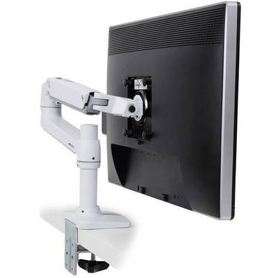 Ein Monitorhalterungsarm aus Metall, der an einem Tisch befestigt ist und einen Bildschirm trägt, zeigt Flexibilität in der Ausrichtung.
