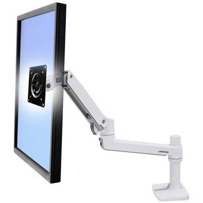 Ein weißer Monitorarm hält einen Bildschirm im Hochformat. Der Arm ermöglicht flexible Höhen- und Neigungsanpassungen.