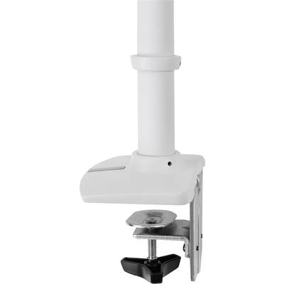 Ein weißes Metallrohr mit einer Schraubzwinge, befestigt an einem Tischrand. Dient zur stabilen Fixierung, z. B. für Lampen.