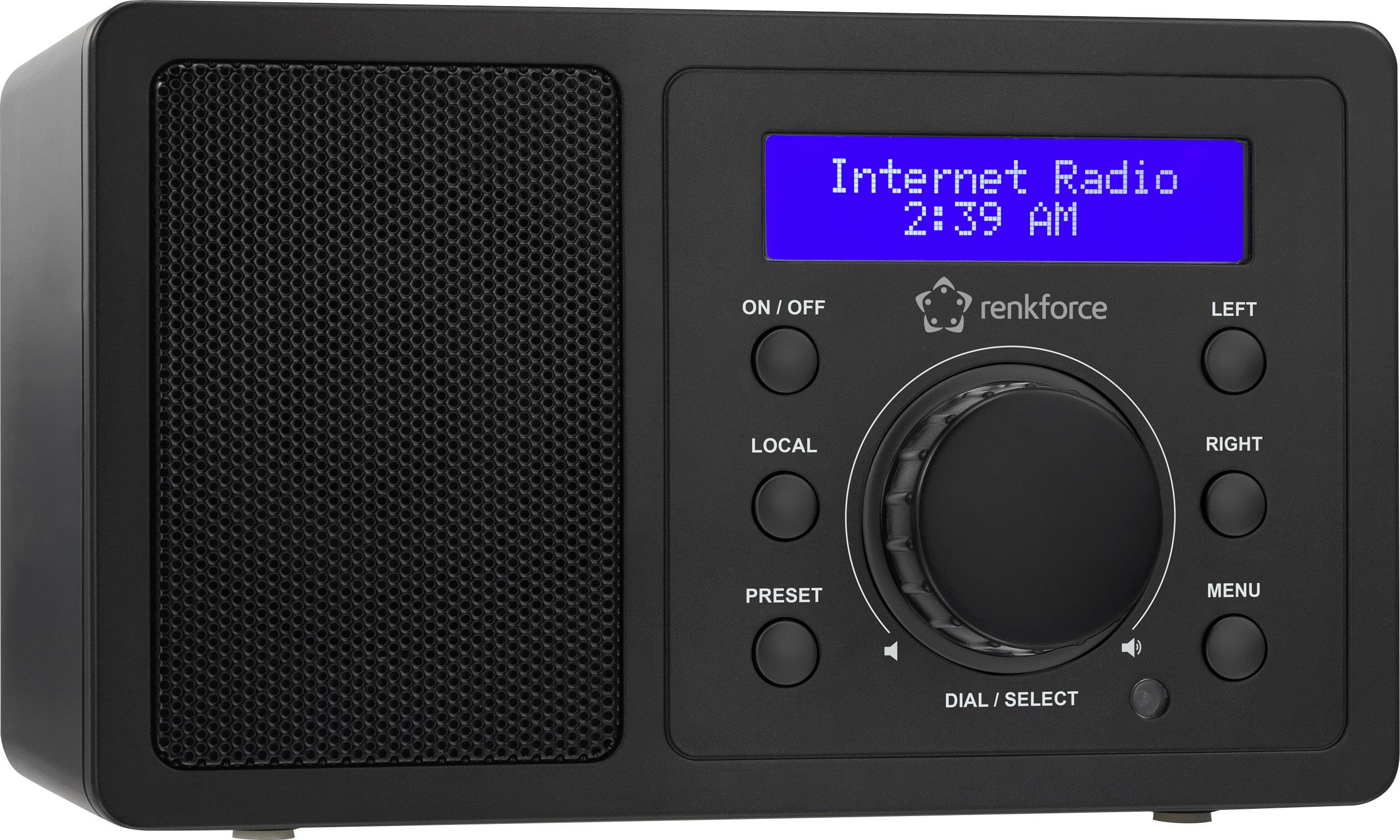 Ein schwarzes Internetradio mit Display zeigt 'Internet Radio 2:39 AM'. Links Lautsprecher, rechts Tasten für Steuerung.