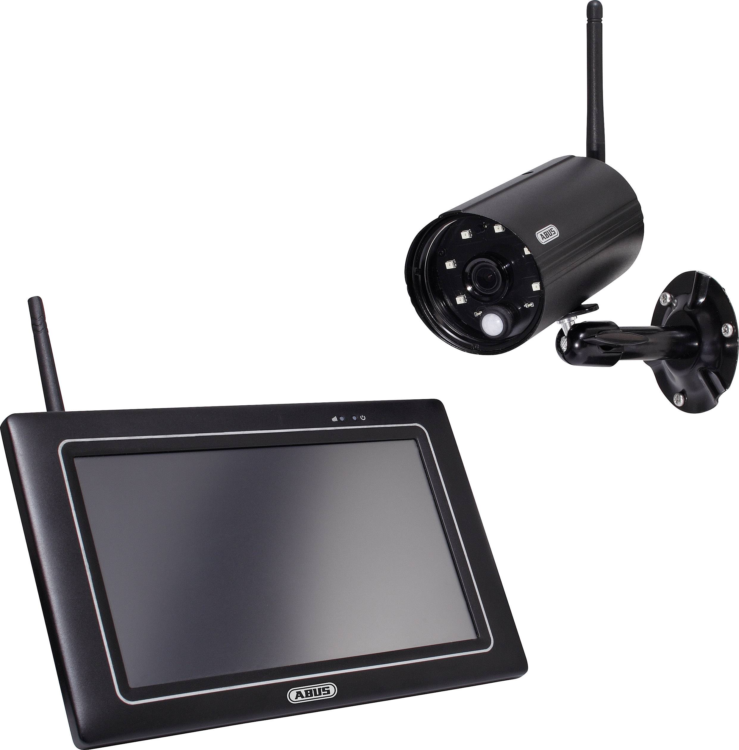 Schwarze Überwachungskamera mit Wandhalterung, daneben ein Monitor mit schwarzem Rahmen, beide mit WLAN-Antenne ausgestattet.