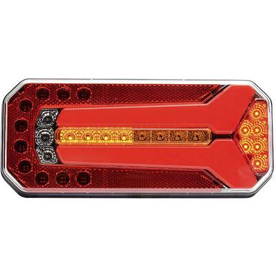 Rücklicht eines Fahrzeugs mit roter und gelber LED-Beleuchtung, zeigt aktiven Blinkerzustand an.