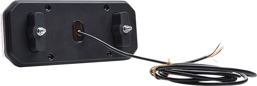 Rückansicht einer rechteckigen Rückleuchte mit Kabel und Schrauben zur Befestigung, geeignet für Fahrzeugmontage.