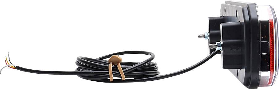 Rückansicht eines rechteckigen LED-Rücklichts mit Kabel und Befestigungselementen, geeignet für Fahrzeuge.