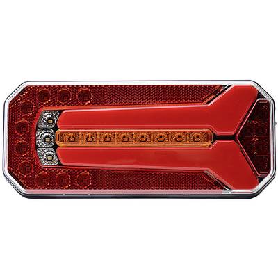 Rote LED-Rückleuchte eines Fahrzeugs mit einem Y-förmigen Muster, das die Leuchtfunktion unterstützt.