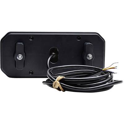 Rückseite eines schwarzen elektronischen Geräts mit befestigtem Kabel, das offenliegende Drahtenden hat. Gerät und Kabel sind ohne Kontext.