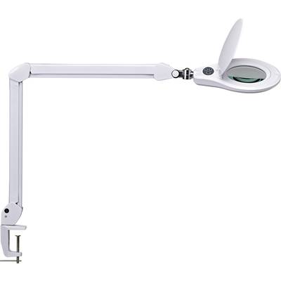 Bürotischlampe mit verstellbarem Arm und Vergrößerungsglas, ideal für präzise Arbeiten oder zum Lesen feiner Details.