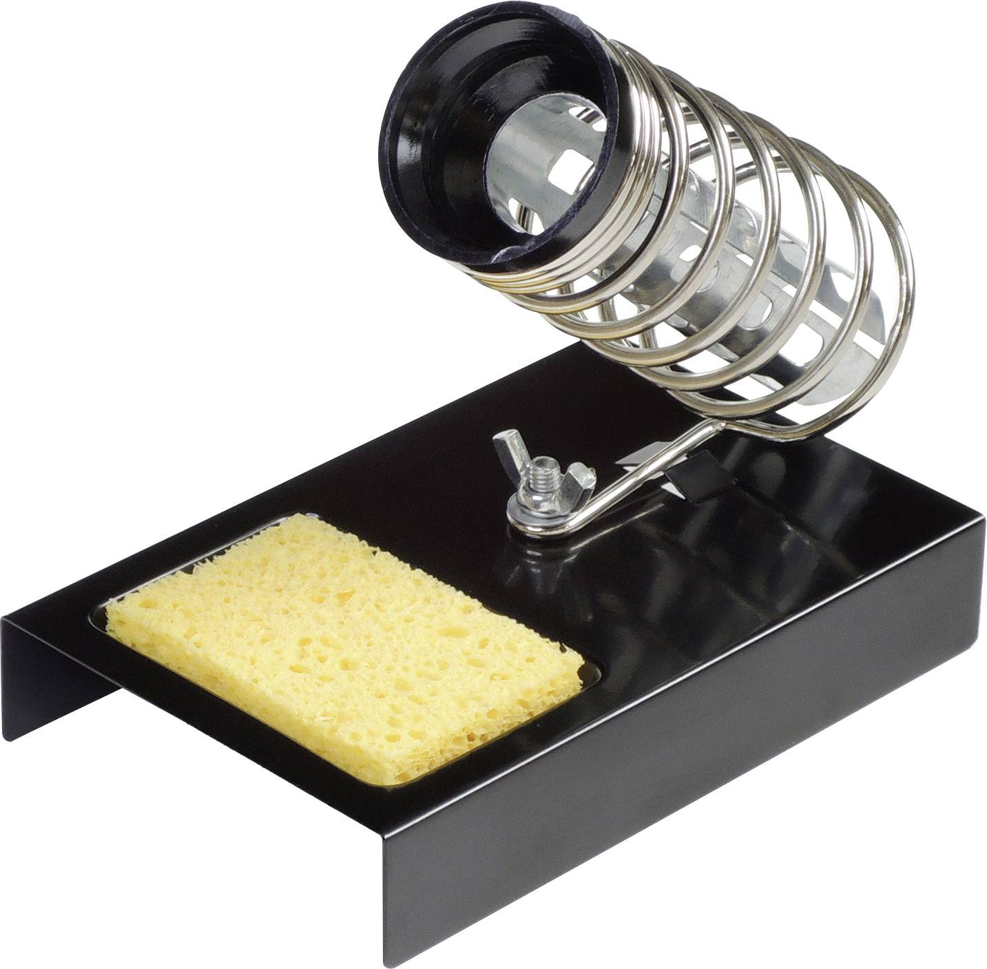 Lötkolbenhalter aus Metall mit Spiralfeder und gelbem Reinigungsschwamm.