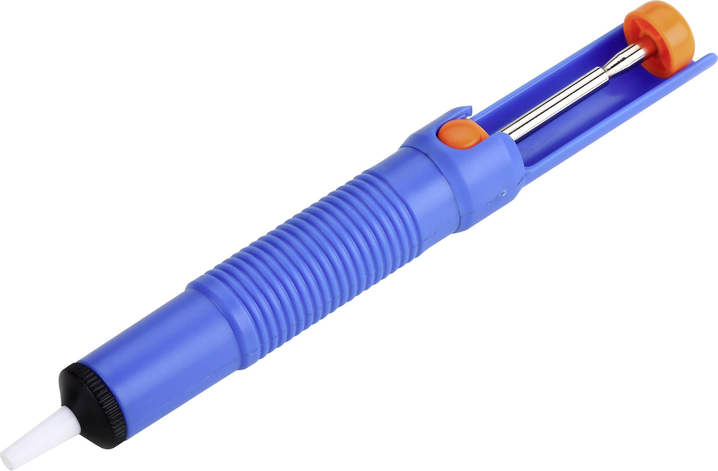 Blauer Lötabsauger mit orangefarbenen Details, verwendet zum Entfernen von überschüssigem Lötmittel bei Elektronikarbeiten.