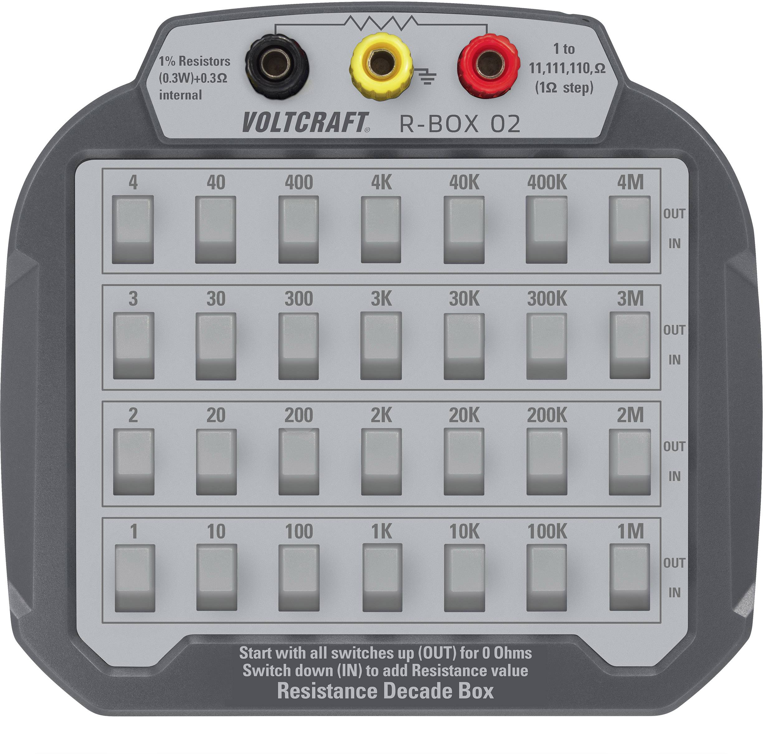 Widerstandsdekadebox mit 24 Kippschaltern, beschriftet mit Widerstandswerten von 0 Ohm bis 1M Ohm in 12 Schritten.