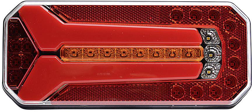 Rückleuchte eines Fahrzeugs mit horizontalem, rotem und orangefarbenem Design und mehreren LED-Lichtern auf einem rechteckigen Gehäuse.