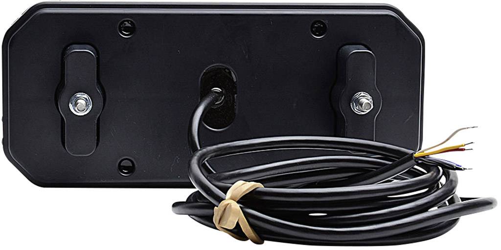 Rückseite eines elektronischen Bauteils mit zwei Befestigungsschrauben und einem herausführenden Kabel, das mit Gummi gebündelt ist.