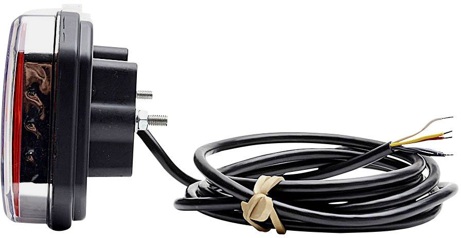 Rückansicht eines rechteckigen LED-Rücklichts mit Kabel und Halterungsschrauben, bereit zur Installation an einem Fahrzeug.