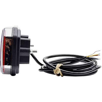 Rückansicht eines rechteckigen LED-Rücklichts mit Kabel und Halterungsschrauben, bereit zur Installation an einem Fahrzeug.