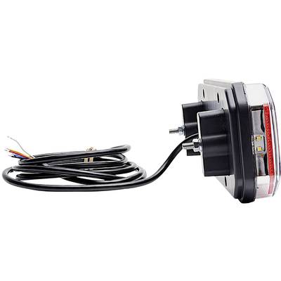 LED-Rücklicht mit Kabel und Befestigungsschrauben, seitliche Ansicht. Gehäuse mit rotem Reflektor. Kabelenden zum Anschluss.