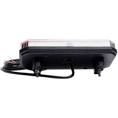 Elektronisches LED-Rücklicht mit schwarzer Basis und Kabel, geeignet für Fahrzeuge, zeigt verschiedene Anschlussmöglichkeiten.