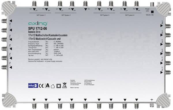 Axing SPU 1712-06 SAT Multischalter Kaskade Eingänge (Multischalter): 17 (16 SAT/1 terrestrisch) Teilnehmer-Anzahl: 12