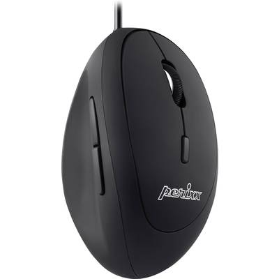 Vertikale schwarze ergonomische Computermaus mit seitlichen Tasten und Kabel, Markenname 'perixx' sichtbar.