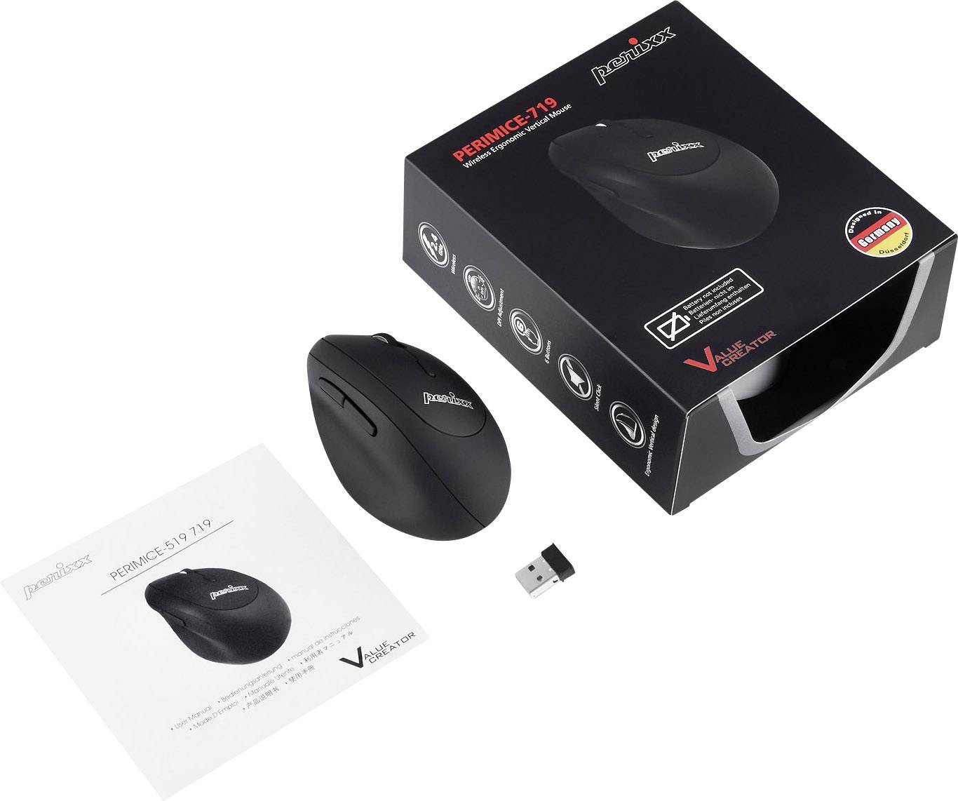 Kabellose ergonomische Maus mit USB-Empfänger, Benutzerhandbuch und Originalverpackung. Produkt ist schwarz, markiert mit 'Perimice-719'.
