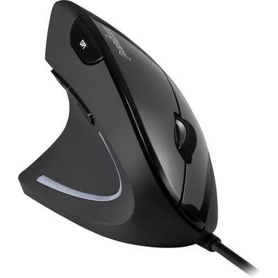 Eine ergonomisch geformte schwarze Computermaus mit vertikalem Design, Kabelanschluss und einem DPI-Schalter oben.