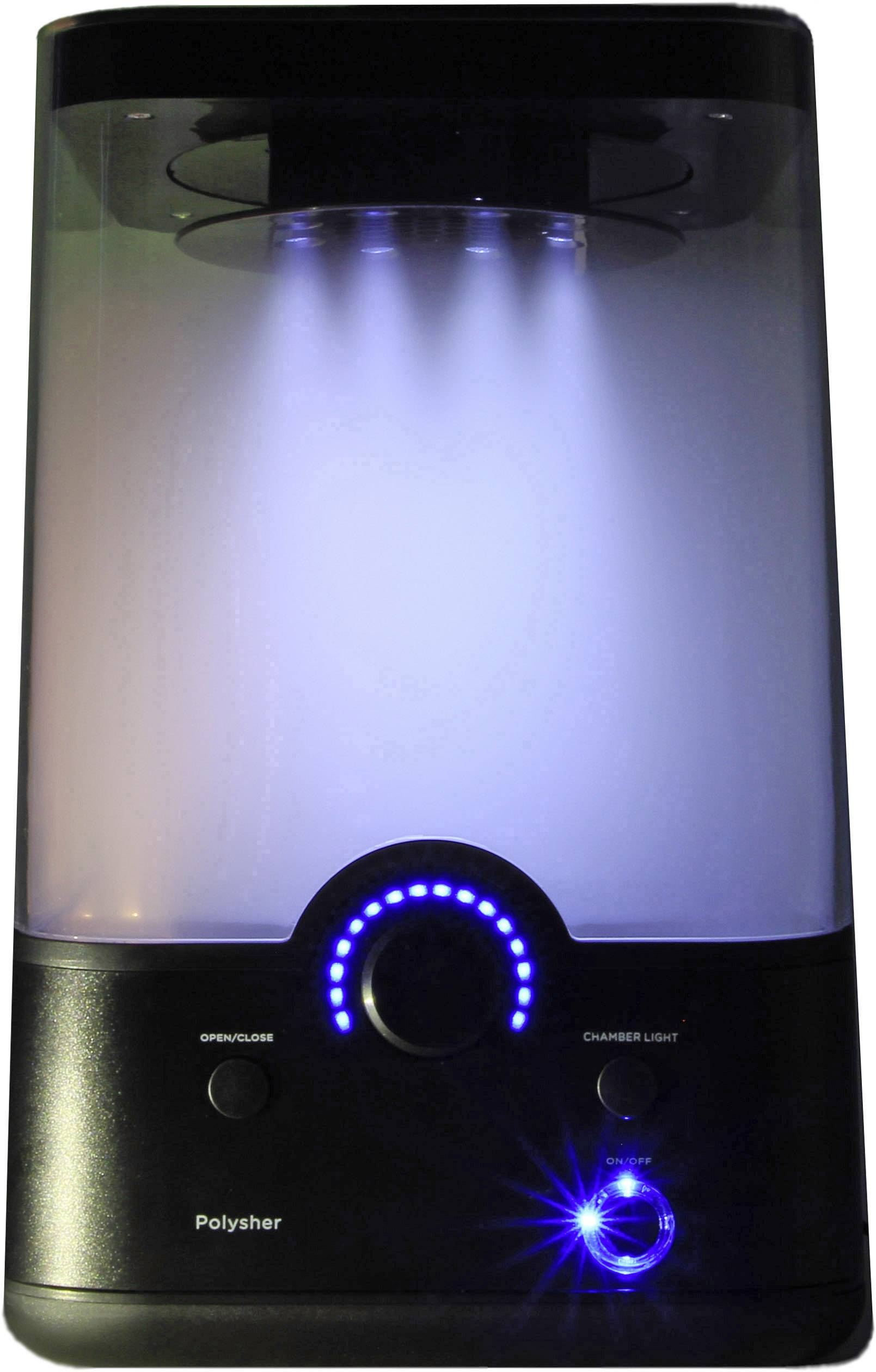 Ein schwarzer 3D-Druck-Nachbearbeitungsgerät mit leuchtenden blauen LED-Lichtern auf der Vorderseite, die Betriebsstatus anzeigen.