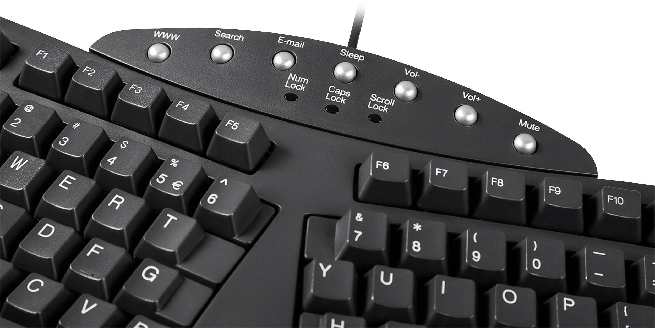 Eine ergonomische Tastatur mit Tasten für spezielle Funktionen wie 'WWW', 'Suche', 'E-Mail', 'Einschlafen', Lautstärkeregelung und Mute.