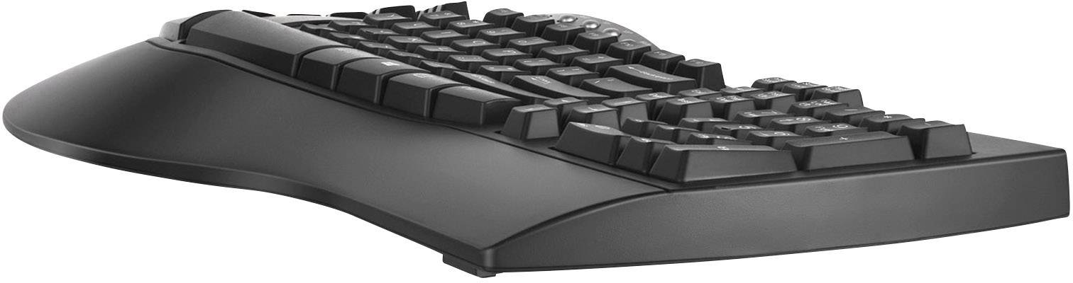Eine ergonomisch geformte schwarze Tastatur mit angewinkelten Tastenreihen für komfortables Tippen und verbesserten Handgelenksupport.
