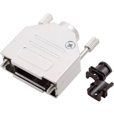Metallgehäuse für D-Sub-Stecker, mit Kabelanschluss. Schwarzer Kunststoff-Clipsockel separat daneben. Ideal für sichere Verbindungen.