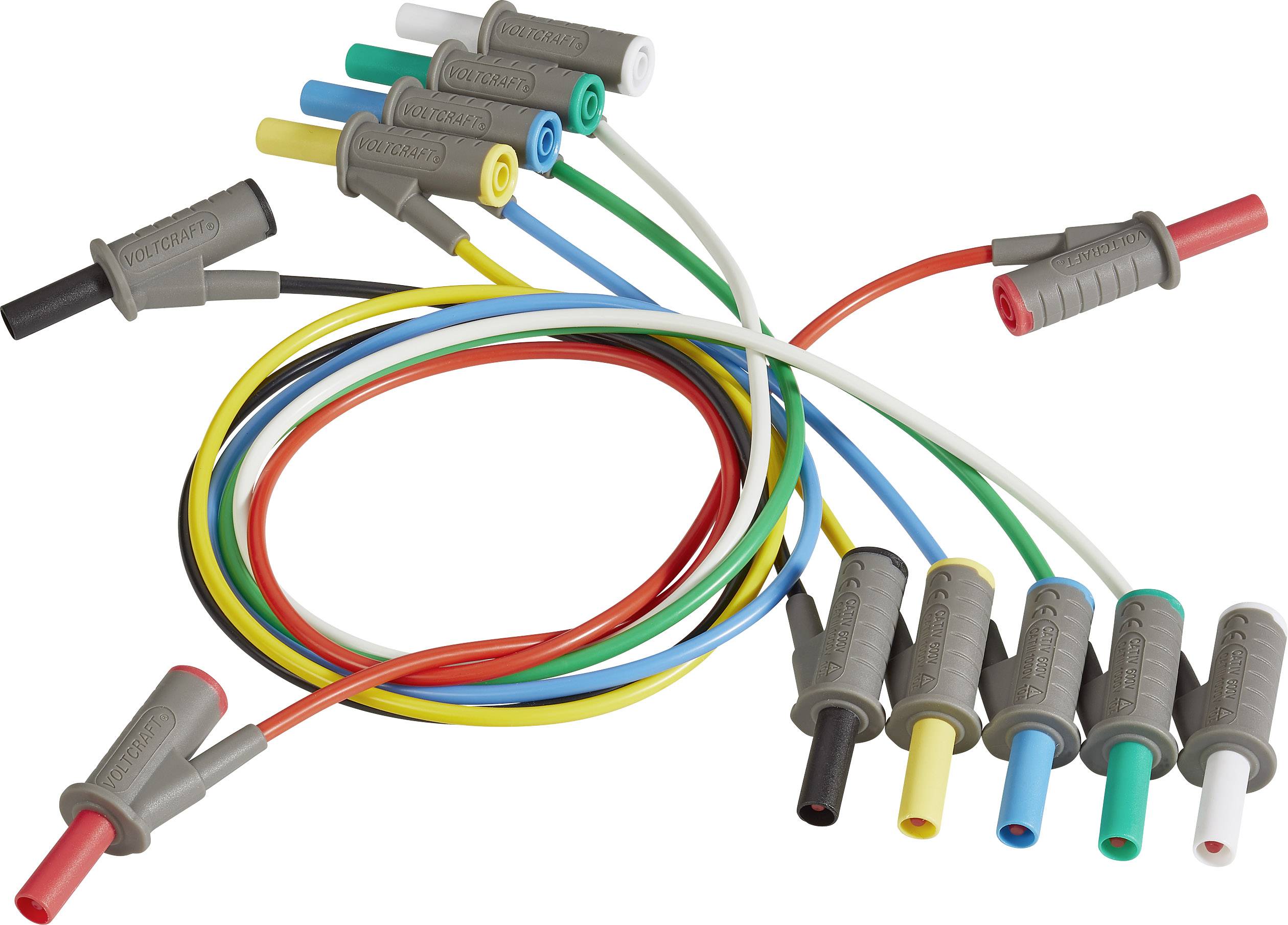 Mehrfarbige Kabel mit isolierten Steckern, die zur Verbindung von elektronischen Geräten verwendet werden.