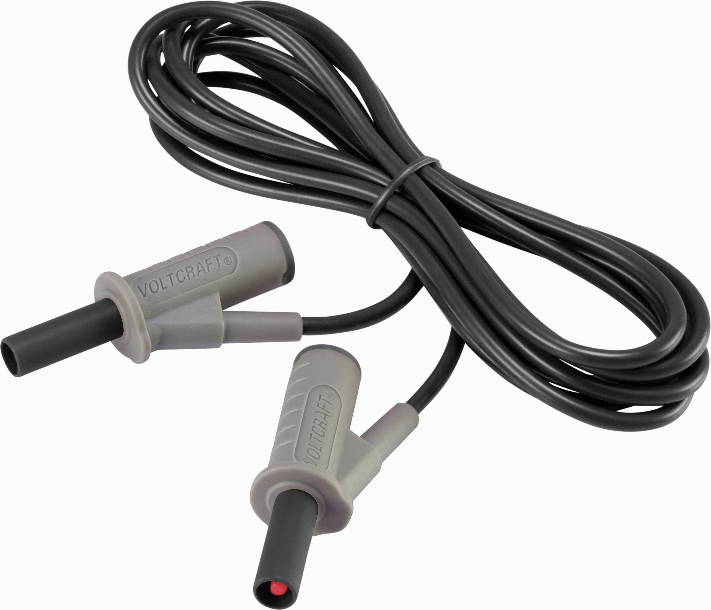 Graues Messkabel mit zwei Steckverbindungen und der Aufschrift 'Voltcraft', aufgerollt auf hellem Hintergrund. Geeignet für elektrische Messungen.
