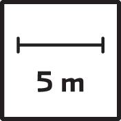 Schwarzes Quadrat mit weißer Aufschrift '5 m', das eine Distanzmarkierung darstellt.
