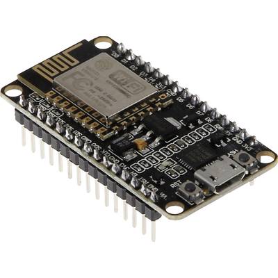 Kleine elektronische Platine mit WLAN-Modul und mehreren Anschlüssen, genutzt für IoT-Projekte und Mikrocontroller-Programmierung.