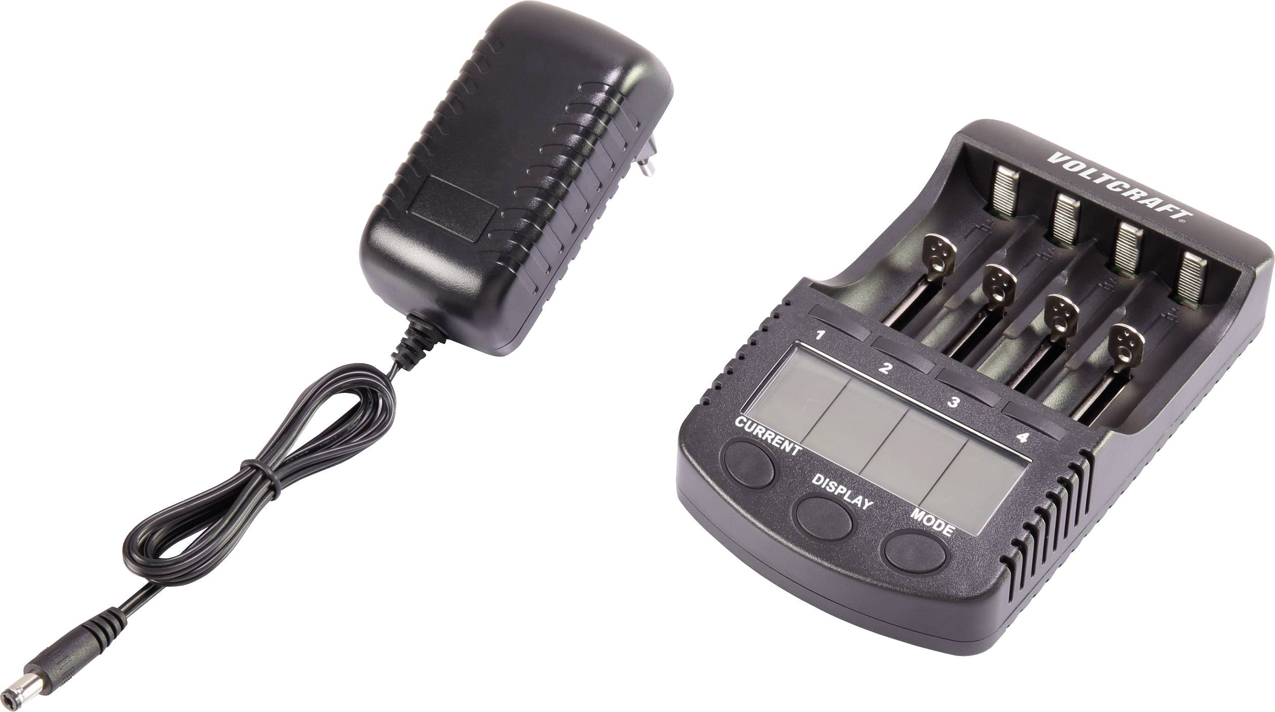 Ladegerät mit vier Steckplätzen und einem Netzadapter für AA- oder AAA-Batterien. Markierungen für 'CURRENT', 'DISPLAY', 'MODE'.